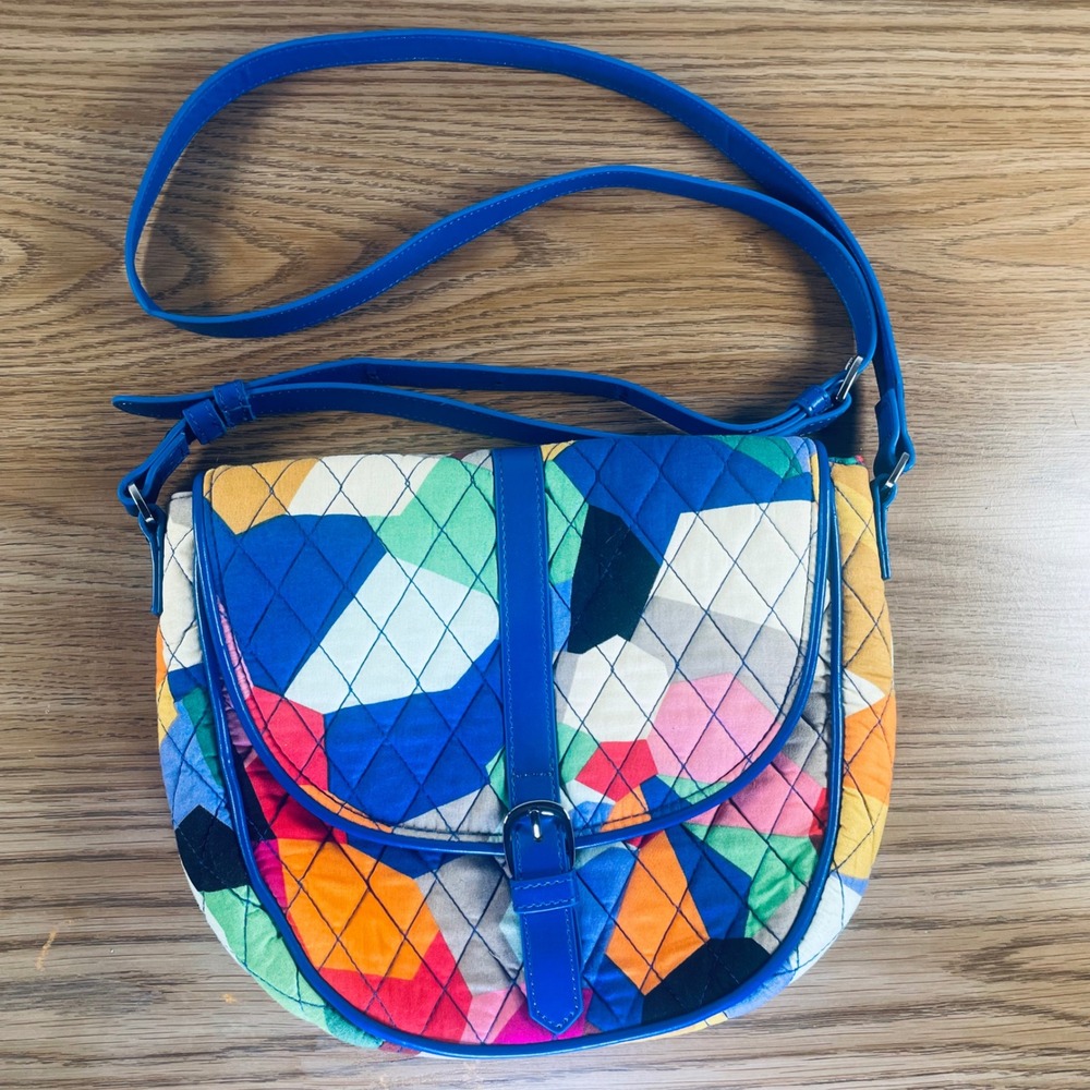 Vera Bradley Quilted Crossbody Colorful Geometric Print Blue Strap‎ Adjustable
